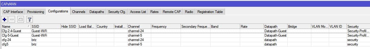 Настройка гостевой WiFi в MikroTik, список конфигарации после добавиления guest WiFi в CAPsMAN